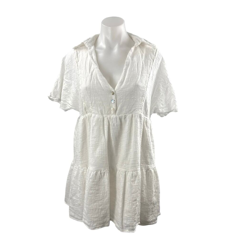 Molly Green White Collared Short Sleeve Tiered Mini Flare Shirt A-Line Dress M